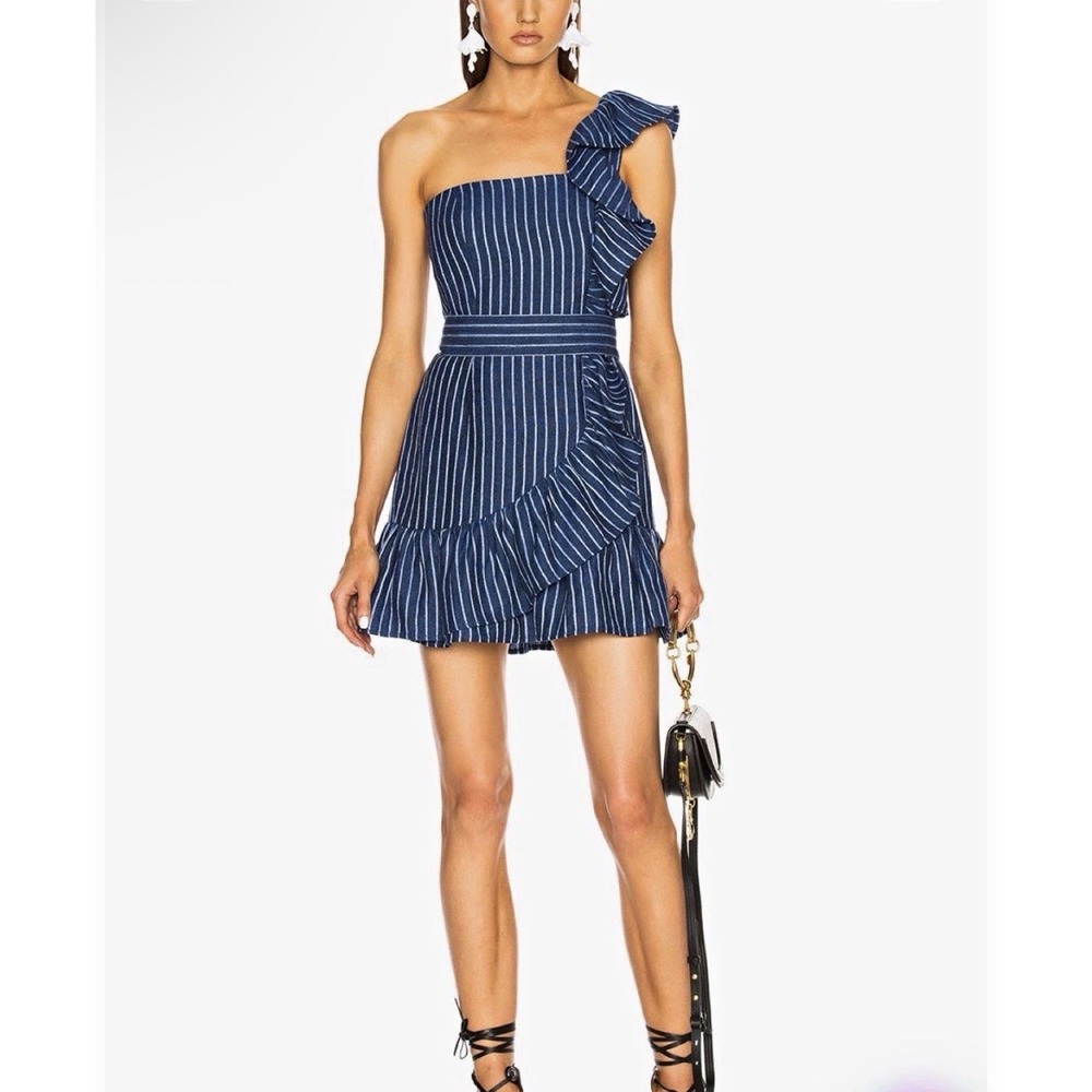 Alexis Konner Blue White Striped Linen One Shoulder Ruffle Mini Dress XS NWOT